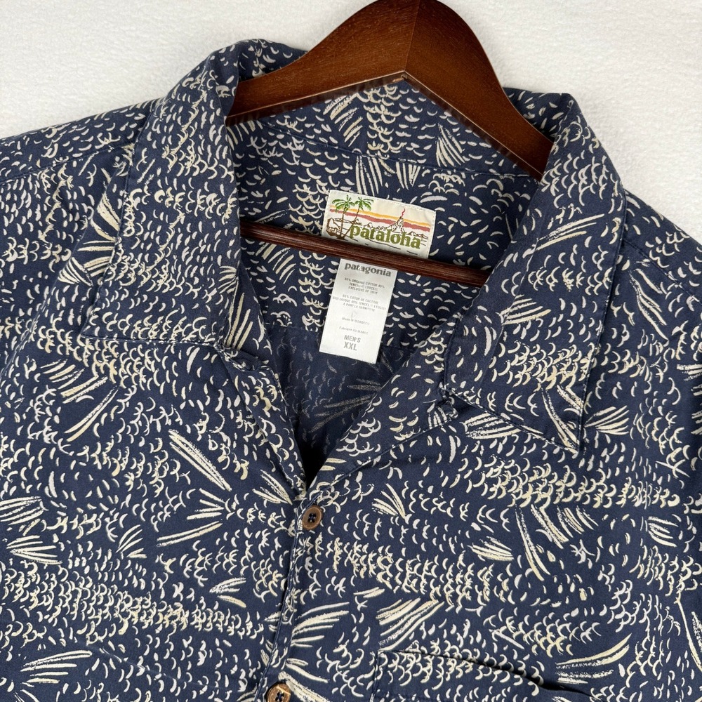 Vtg Patagonia Pataloha Shirt Mens XXL Blue Fish Hawaiian Organic Cotton 2000s